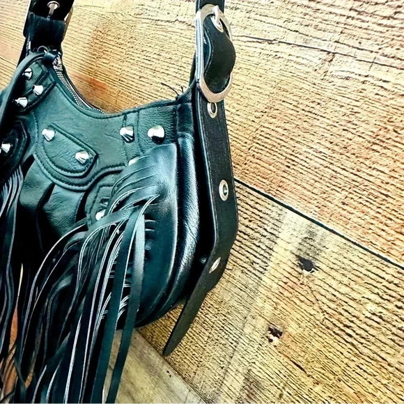 NWOT Motorcycle/Goth Style Fringed Studded Crossbody - Picture 4 of 9